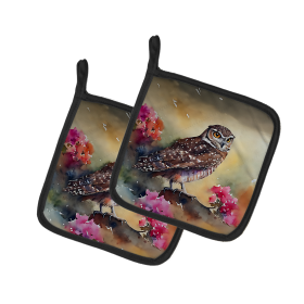 Watercolor Birds Pair of Pot Holders (Design: Burrowing Owl 3196, size: 7.5HX7.5W)