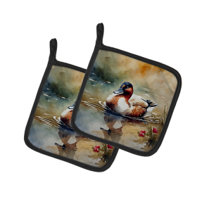 Watercolor Birds Pair of Pot Holders (Design: Canvasback 3197, size: 7.5HX7.5W)
