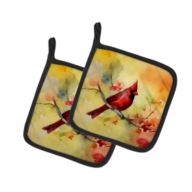 Watercolor Birds Pair of Pot Holders (Design: Cardinal 3198, size: 7.5HX7.5W)