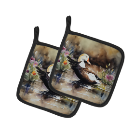 Watercolor Birds Pair of Pot Holders (Design: Common Eider Duck 3203, size: 7.5HX7.5W)