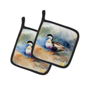 Watercolor Birds Pair of Pot Holders (Design: Common Eider Duck 3204, size: 7.5HX7.5W)
