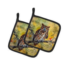 Watercolor Birds Pair of Pot Holders (Design: Eastern Screech Owl 3218, size: 7.5HX7.5W)