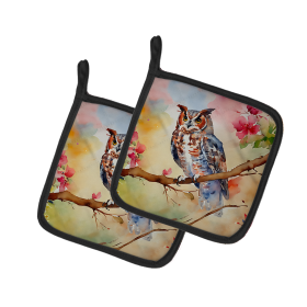 Watercolor Birds Pair of Pot Holders (Design: Eastern Screech Owl 3219, size: 7.5HX7.5W)