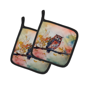 Watercolor Birds Pair of Pot Holders (Design: Elf Owl 3220, size: 7.5HX7.5W)