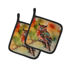 Watercolor Birds Pair of Pot Holders (Design: Elf Owl 3221, size: 7.5HX7.5W)