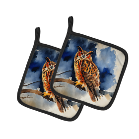 Watercolor Birds Pair of Pot Holders (Design: Eurasian Eagle Owl 3222, size: 7.5HX7.5W)