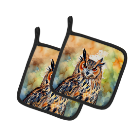 Watercolor Birds Pair of Pot Holders (Design: Eurasian Eagle Owl 3223, size: 7.5HX7.5W)
