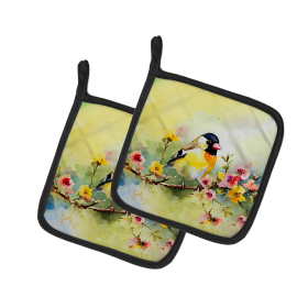Watercolor Birds Pair of Pot Holders (Design: Goldfinch 3224, size: 7.5HX7.5W)