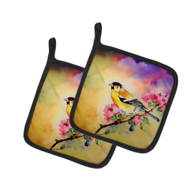 Watercolor Birds Pair of Pot Holders (Design: Goldfinch 3225, size: 7.5HX7.5W)
