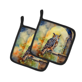 Watercolor Birds Pair of Pot Holders (Design: Great Horned Owl 3226, size: 7.5HX7.5W)