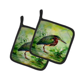 Watercolor Birds Pair of Pot Holders (Design: Green Heron 3227, size: 7.5HX7.5W)