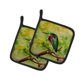 Watercolor Birds Pair of Pot Holders (Design: Green Heron 3228, size: 7.5HX7.5W)