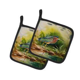 Watercolor Birds Pair of Pot Holders (Design: Green Heron 3229, size: 7.5HX7.5W)