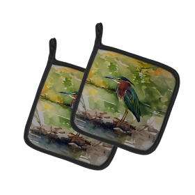 Watercolor Birds Pair of Pot Holders (Design: Green Heron 3230, size: 7.5HX7.5W)