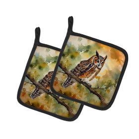 Watercolor Birds Pair of Pot Holders (Design: Long-Eared Owl 3234, size: 7.5HX7.5W)