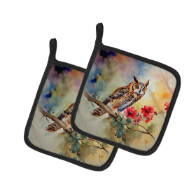Watercolor Birds Pair of Pot Holders (Design: Long-Eared Owl 3235, size: 7.5HX7.5W)
