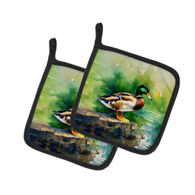 Watercolor Birds Pair of Pot Holders (Design: Mallard 3236, size: 7.5HX7.5W)