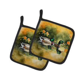 Watercolor Birds Pair of Pot Holders (Design: Mallard 3237, size: 7.5HX7.5W)