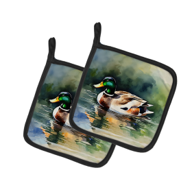 Watercolor Birds Pair of Pot Holders (Design: Mallard 3238, size: 7.5HX7.5W)