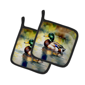 Watercolor Birds Pair of Pot Holders (Design: Mallard 3239, size: 7.5HX7.5W)