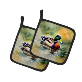 Watercolor Birds Pair of Pot Holders (Design: Mallard 3240, size: 7.5HX7.5W)