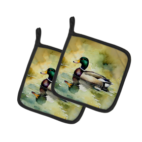 Watercolor Birds Pair of Pot Holders (Design: Mallard 3241, size: 7.5HX7.5W)