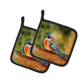 Watercolor Birds Pair of Pot Holders (Design: Mandarin Duck 3242, size: 7.5HX7.5W)