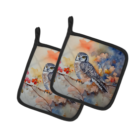 Watercolor Birds Pair of Pot Holders (Design: Northern Hawk Owl 3244, size: 7.5HX7.5W)