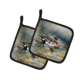 Watercolor Birds Pair of Pot Holders (Design: Northern Pintail 3245, size: 7.5HX7.5W)