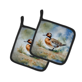 Watercolor Birds Pair of Pot Holders (Design: Northern Pintail 3246, size: 7.5HX7.5W)