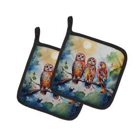 Watercolor Birds Pair of Pot Holders (Design: Owls 3247, size: 7.5HX7.5W)
