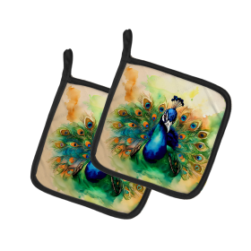 Watercolor Birds Pair of Pot Holders (Design: Peacock 3248, size: 7.5HX7.5W)
