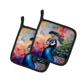Watercolor Birds Pair of Pot Holders (Design: Peacock 3249, size: 7.5HX7.5W)