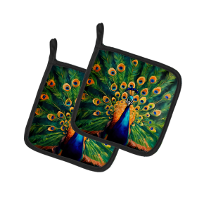 Watercolor Birds Pair of Pot Holders (Design: Peacock 3250, size: 7.5HX7.5W)