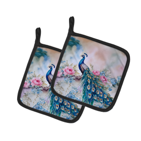 Watercolor Birds Pair of Pot Holders (Design: Peacock 3251, size: 7.5HX7.5W)