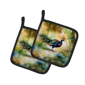 Watercolor Birds Pair of Pot Holders (Design: Peacock 3252, size: 7.5HX7.5W)