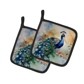 Watercolor Birds Pair of Pot Holders (Design: Peacock 3253, size: 7.5HX7.5W)