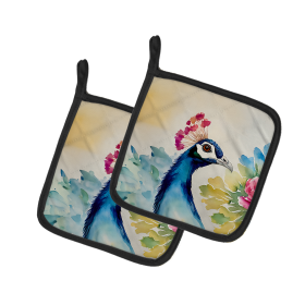 Watercolor Birds Pair of Pot Holders (Design: Peacock 3254, size: 7.5HX7.5W)