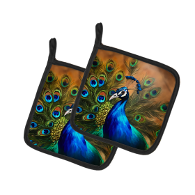 Watercolor Birds Pair of Pot Holders (Design: Peacock 3255, size: 7.5HX7.5W)