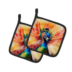 Watercolor Birds Pair of Pot Holders (Design: Peacock 3256, size: 7.5HX7.5W)