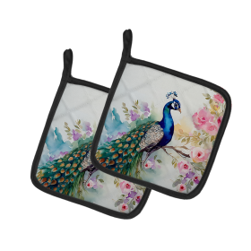 Watercolor Birds Pair of Pot Holders (Design: Peacock 3257, size: 7.5HX7.5W)