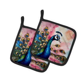 Watercolor Birds Pair of Pot Holders (Design: Peacock 3258, size: 7.5HX7.5W)