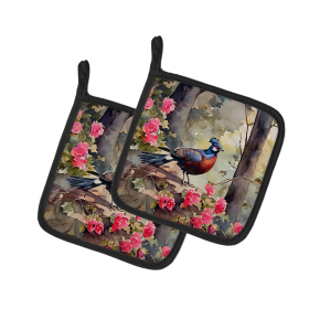 Watercolor Birds Pair of Pot Holders (Design: Pheasant 3259, size: 7.5HX7.5W)