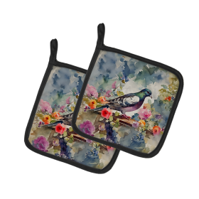Watercolor Birds Pair of Pot Holders (Design: Pigeon 3260, size: 7.5HX7.5W)
