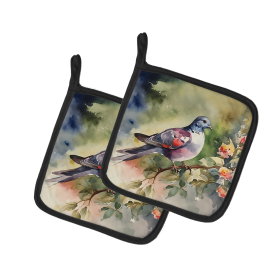 Watercolor Birds Pair of Pot Holders (Design: Pigeon 3261, size: 7.5HX7.5W)