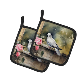 Watercolor Birds Pair of Pot Holders (Design: Pigeon 3262, size: 7.5HX7.5W)