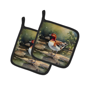 Watercolor Birds Pair of Pot Holders (Design: Redhead Duck 3263, size: 7.5HX7.5W)