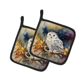 Watercolor Birds Pair of Pot Holders (Design: Snowy Owl 3265, size: 7.5HX7.5W)