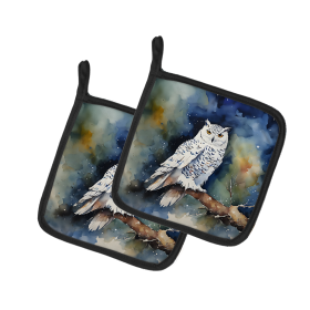 Watercolor Birds Pair of Pot Holders (Design: Snowy Owl 3266, size: 7.5HX7.5W)