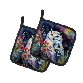 Watercolor Birds Pair of Pot Holders (Design: Snowy Owl 3267, size: 7.5HX7.5W)
